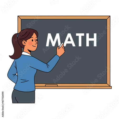 Cartoon illustration of a female teacher writing the word math on a chalkboard during a lesson