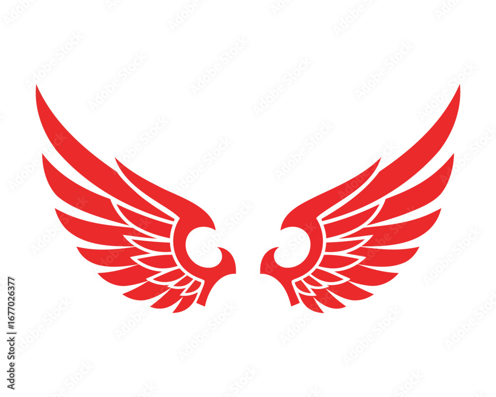 Fototapeta premium Stylized red angel wings spread open on white background