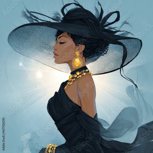 elegant profile fashion illustration black dress wide brim hat gold jewelry digital art