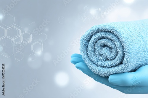 A serene atmosphere is created with a clean towel, a gloved hand, and the ambiance of a medical spa, complemented by a soothing cup of soft tea