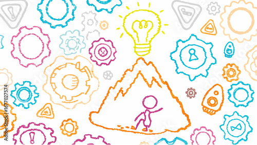 Illustration featuring a mountain climber under a lightbulb surrounded by colorful gear drawings scattered about