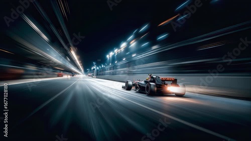 High-Speed Formula 1 Race Car Blazing Through a Night Circuit