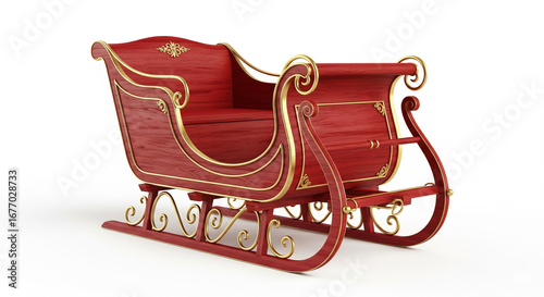 Traditional red Santa's sleigh with golden decorations, ready for Christmas on an isolated transparent background.
