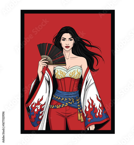 Beautiful Woman in Fantasy Fire Kimono Holding a Hand Fan Vector Illustration