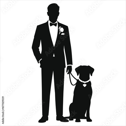 Elegant silhouette of a dapper groom in a tuxedo standing with his loyal dog, the best man. A pet-friendly wedding vector graphic icon for invitations and cake toppers, isolated on white background.