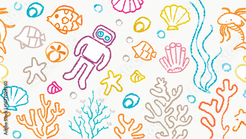 Underwater scene featuring a diver, various fish, seashells, starfish, and coral in pastel colors