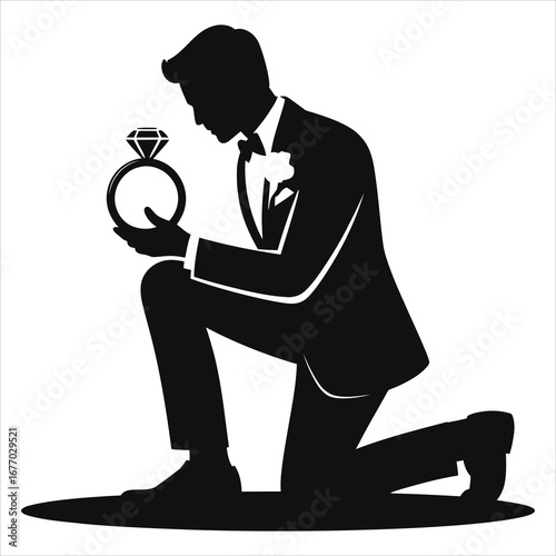 Groom proposing silhouette. Man in a formal tuxedo kneeling with a large diamond engagement ring. Romantic vector illustration for wedding, marriage, and engagement concepts. Isolated on white.
