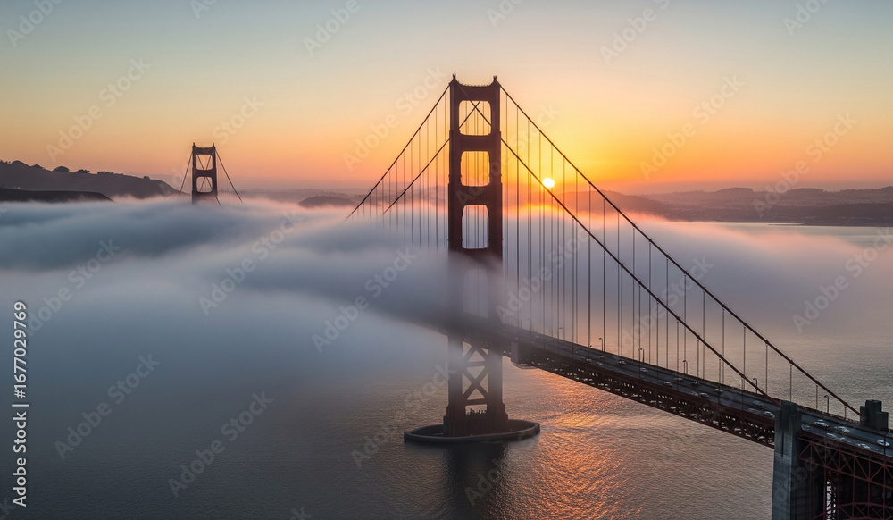 Obraz premium Golden Gate Bridge at sunrise covered in fog over San Francisco Bay, iconic landmark and breathtaking travel destination with scenic views