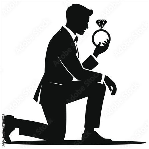 Man kneeling with diamond engagement ring silhouette, romantic marriage proposal vector, groom in tuxedo holding ring, black and white illustration, wedding commitment, isolated on white
