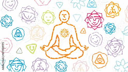 Person meditating surrounded by chakra symbols in a colorful and spiritual illustration style image art