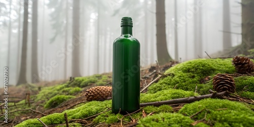 A deep emerald green bottle placed on moss and forest stones, background of misty woods, cedarwood sticks and pinecones as props, no text on bottle.