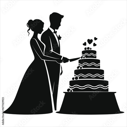 Silhouette bride and groom cutting tiered wedding cake, elegant black and white vector illustration for invitations, reception decor, cake cutting ceremony, romantic nuptial moment, wedding stationery