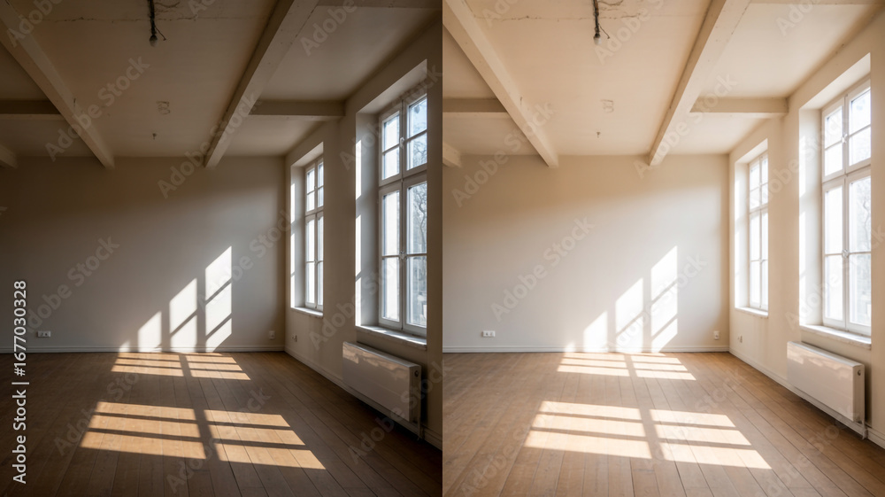 Fototapeta premium Beige interior shows soft shadows and wood grain floor. Useful as a photo backdrop, presentation template, or branding surface.