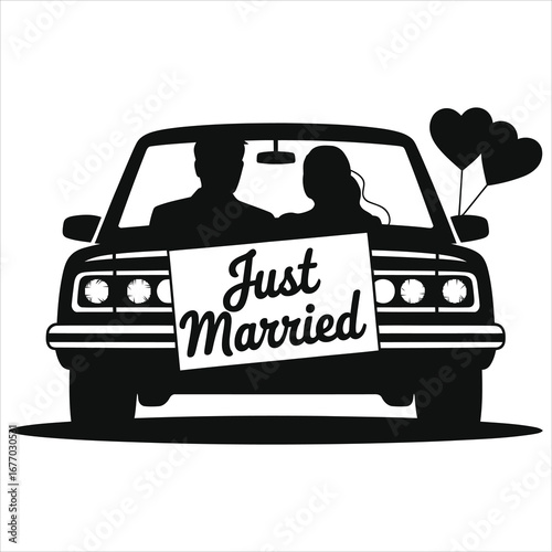 Just Married car with bride and groom silhouette, rear view wedding getaway vehicle with heart balloons, romantic honeymoon drive sign, classic retro black and white vector illustration, isolated whit