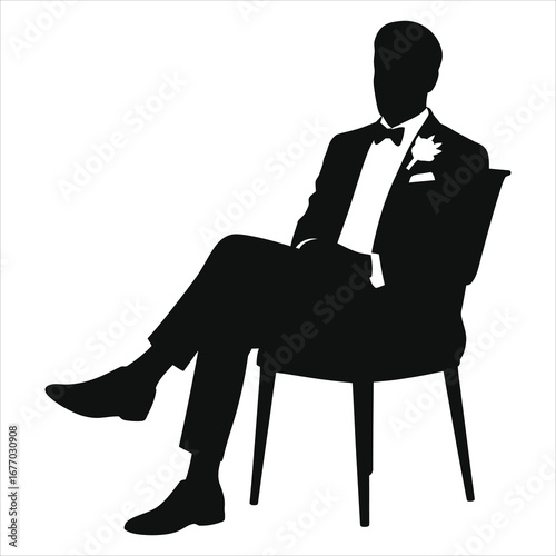 Seated groom silhouette in tuxedo with bow tie and boutonniere, elegant black and white wedding vector illustration for invitations, ceremony, formal attire, vintage gentleman design classic style art