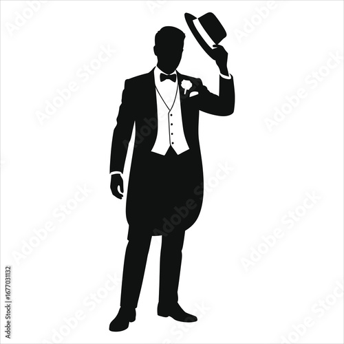 Elegant gentleman silhouette tipping hat in tuxedo and tailcoat, vintage groom illustration, black and white formal wear vector, dapper bow tie fashion, classic wedding icon, isolated white background