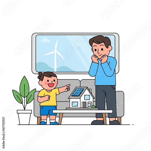 Father and son examining miniature solar house clean energy sustainability concept high quality professional