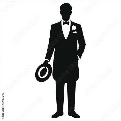 Groom silhouette in classic tuxedo holding hat with bow tie and boutonniere, elegant vintage gentleman black and white vector formal wedding illustration for invitation, ceremony, fashion event design