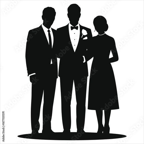 Wedding family portrait silhouette vector, groom in tuxedo with boutonniere standing with family, formal trio group, black and white elegant illustration for invitations, posters, branding and web use