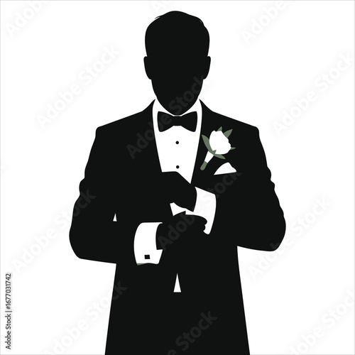 Elegant groom silhouette in tuxedo adjusting cufflinks, bow tie and boutonniere, black and white wedding vector illustration, formal menswear clipart, minimalist modern fashion art, isolated on white