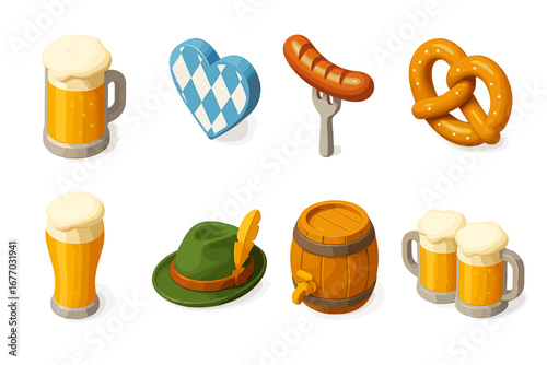 Oktoberfest isometric 3d icons set. German beer festival symbols. Vector collection with beer mug, pretzel, sausage, Bavarian hat and barrel. Bavaria holiday graphic elements.