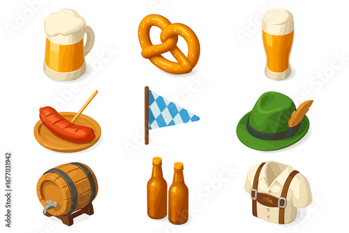 Oktoberfest isometric 3d icons set. German beer festival symbols with pretzel, sausage, beer mug, lederhosen and bavarian hat. Vector food and drink holiday illustration.