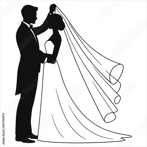 Elegant Wedding Couple Silhouette Vector Illustration of Groom Adjusting Bride’s Veil in Romantic Black and White for Invitation Designs, Stationery, Bridal Shower Decor, Anniversary & Ceremony Cards