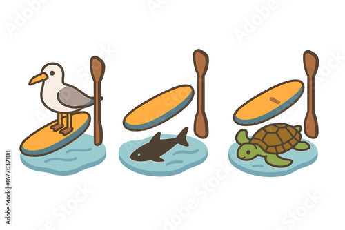 Paddleboarding wildlife spotting icons. Isometric flat vector set with seabird, fish silhouette, sea turtle. Summer water sport, vacation, ocean adventure, nature cartoon.