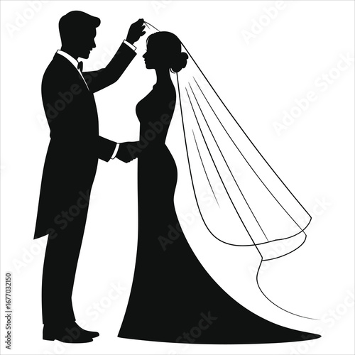 Wedding couple silhouette vector, groom lifting bride's veil and holding hands elegant black and white illustration for invitations romantic marriage ceremony minimal modern love art isolated on white