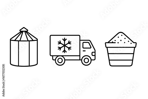 Post-harvest logistics icon set. Agricultural storage, grain silo, refrigerated truck, and crop bin. Vector icons for farming, food supply chain, and transportation.