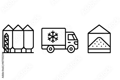Post-harvest storage and logistics icon set. Vector outline icons of grain silo, refrigerated truck, and warehouse bin. Agriculture, food industry, and cold chain concepts.