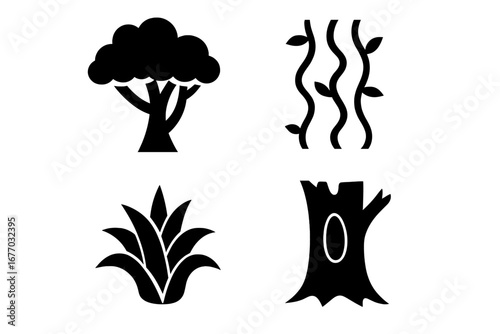 Rainforest habitat solid glyph icon set. Jungle environment vector symbols. Includes dense canopy tree, tangled liana vines, bromeliad plant, and a hollow tree trunk.