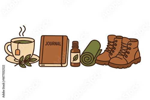 Self care routine vector set. Relaxing moments with herbal tea, journal, essential oil, yoga mat, hiking boots. Wellness, mindfulness, mental health concept. Hobbies icon.
