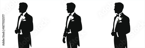 legant Silhouette of Groom Adjusting Tuxedo with Boutonniere Sequence, Black and White Illustration Set for Wedding Invitations, Formal Events, Posters, and Decorative Artwork.