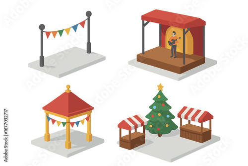Seasonal festival isometric icon set. Christmas market, concert stage, fair tent, festive bunting. Vector illustration for public event, holiday celebration, fair, street market.