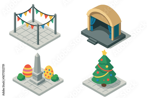 Isometric festival icon set. Seasonal holiday celebration in public square. Vector illustration of Christmas tree, Easter eggs, concert stage, and festive bunting decorations.