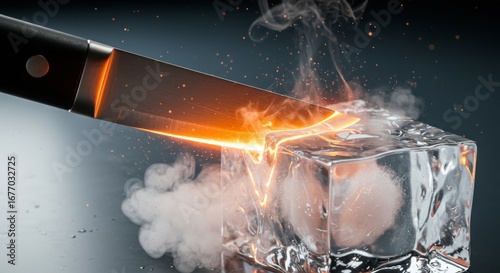 Generative AI Hot Knife Cutting Ice Block Ice cube Cold Steam Sparks Blade Sharp Contrast Temperature Black Clear Frozen Melting Innovation Power Extreme Transformation