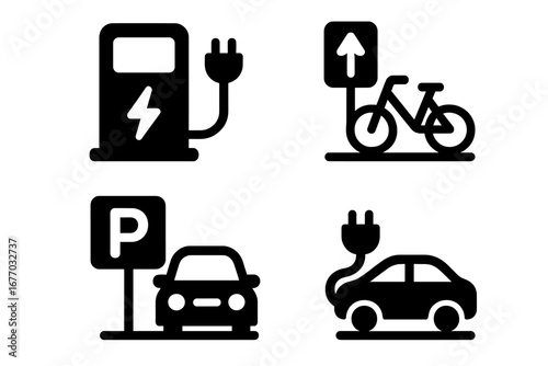 Smart mobility icon set. Urban transportation symbols. Electric car, EV charging station, bike lane, and parking pictogram collection. Green energy and eco friendly transport concept.