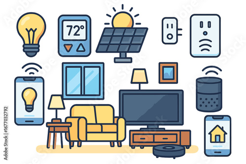 Smart home technology vector icon set. Internet of things and home automation system. House control, energy management, convenience concept. Living room with smart devices.
