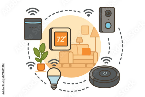 Smart home automation concept. Internet of things (IoT) with connected devices. Central control system with thermostat, light, robot vacuum, doorbell. Modern house technology.