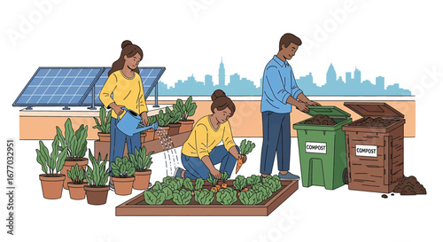 Rooftop garden Watercolor style People gardening vegetables composting urban sustainability high quality professional
