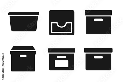 Storage box glyph icons set. Solid vector silhouette symbols of plastic bin, drawer, archive container, file box, and labeled package for organization, moving, and warehouse.