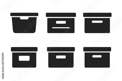 Storage box icon set. Solid glyph collection of container symbols. Archive, document, and file organization concept. Plastic bin, drawer, and package vector silhouette signs.