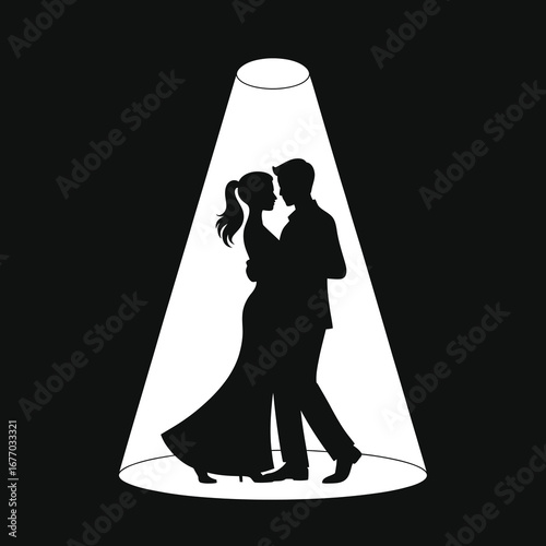 Romantic Silhouette of Couple Slow Dancing in Spotlight, Elegant Black and White Illustration for Valentine’s Day, Wedding, Anniversary Cards, Posters, and Decorative Art.