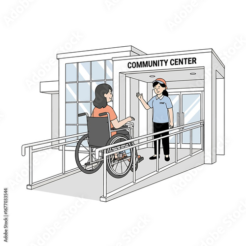 Woman in wheelchair using ramp at community center accessible building high quality professional