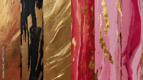 Abstract Gold, Red, and Pink Marble Flow Painting