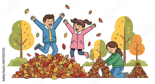 Children playing in leaves cheerful autumn scene colorful foliage high quality professional
