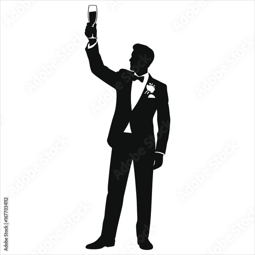 Silhouette of elegant man in tuxedo raising champagne glass for wedding toast, best man or groom celebrating, black and white vector illustration, formal event, isolated on white background