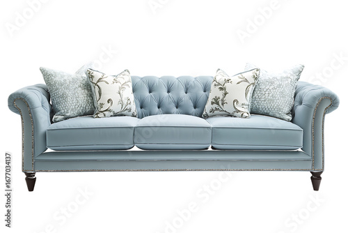 Light blue tufted sofa with decorative pillows isolated on a transparent background