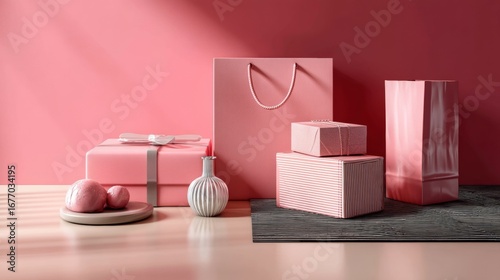 Gift boxes pink lifestyle product photography celebratory festive modern commercial branding concept stylish composition